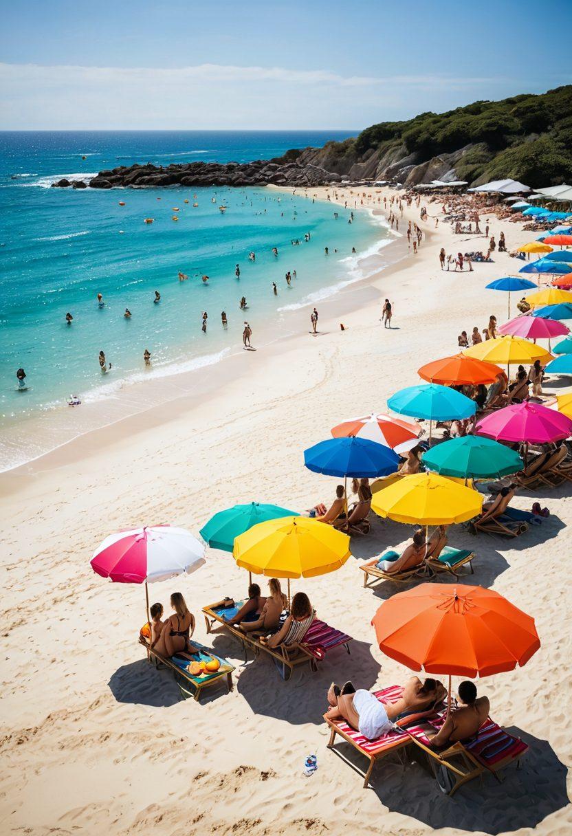 A vibrant beach scene featuring diverse models showcasing trendy swimwear and beachwear essentials. Include colorful umbrellas, sun loungers, and a sparkling ocean background. The atmosphere should be lively and inviting, capturing the essence of summer fun. Add elements like beach balls and tropical cocktails for a festive touch. super-realistic. vibrant colors. sunny atmosphere.