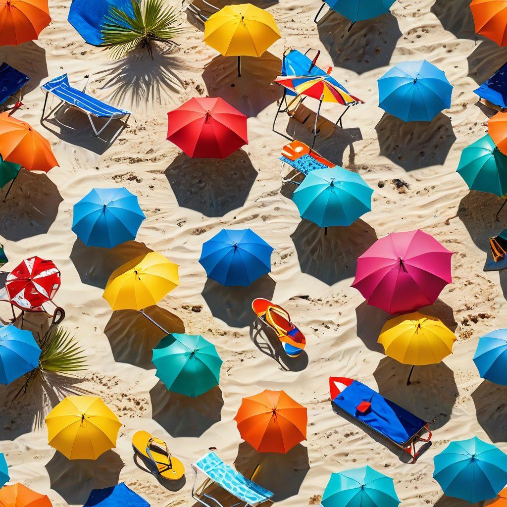 A vibrant beach scene showcasing various stylish swim trunks and beach outfits on models enjoying the sun. Include colorful beach umbrellas, palm trees swaying, and a clear blue ocean in the background. Highlight different patterns, textures, and accessories like sunglasses and beach hats to emphasize a fun summer vibe. super-realistic. vibrant colors. 3D.